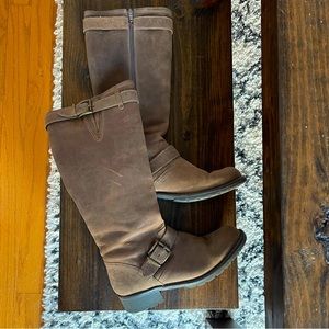 Clarks Womans Tan Brown Distressed Leather Buckle Zip Knee High Tall Boots 9